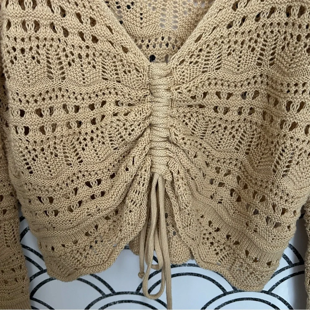 Lulus Only Yours Beige Sheer Crochet Ruched Sweater Top Small - Picture 5 of 7